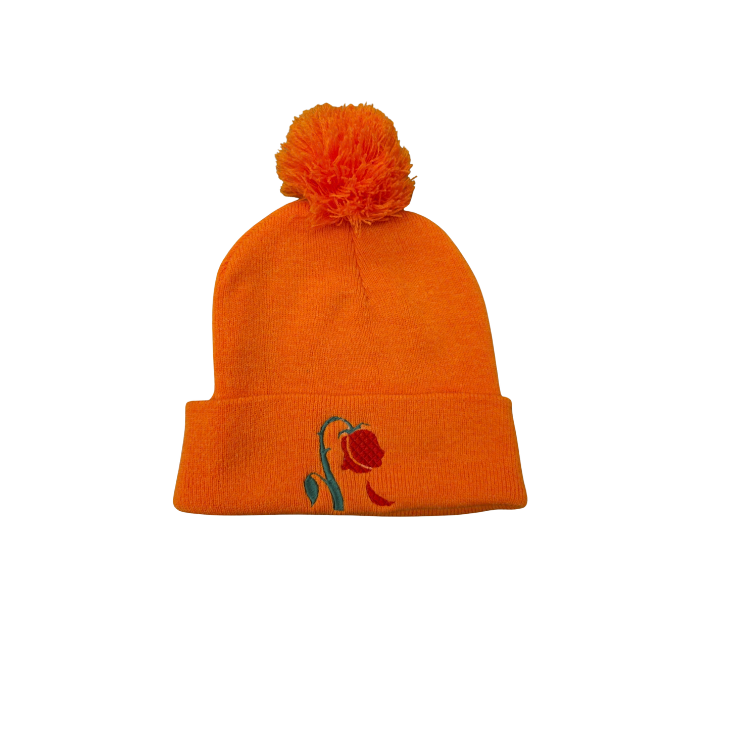 Burnt Rose Pom Beanie – Embroidered Floral Knit Hat