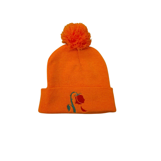 Burnt Rose Pom Beanie – Embroidered Floral Knit Hat